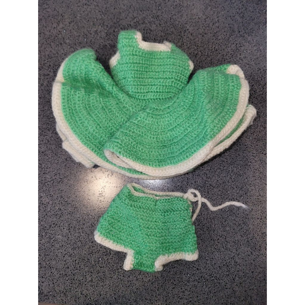1960s Crocheted Doll Dress Set Outfit Green White 14 Inch Vintage